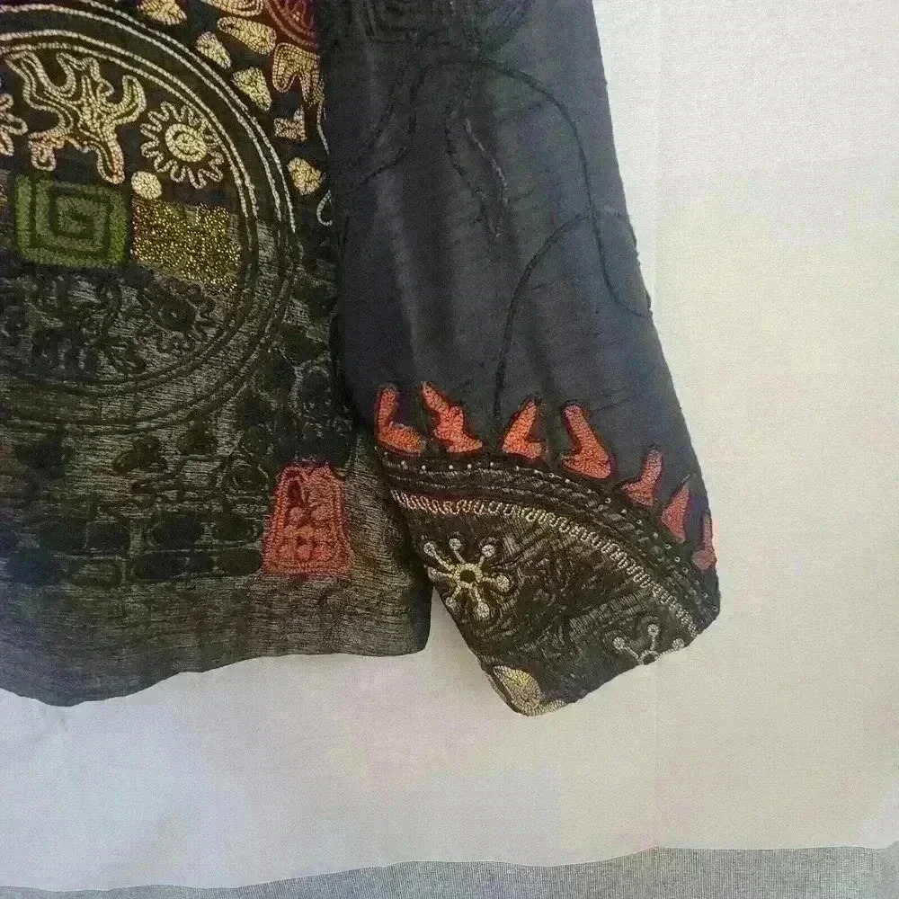 Vtg Chicos 3 Black Brown Silk Embroidered Asian Symbols Button Jacket Size XL - Picture 4 of 10